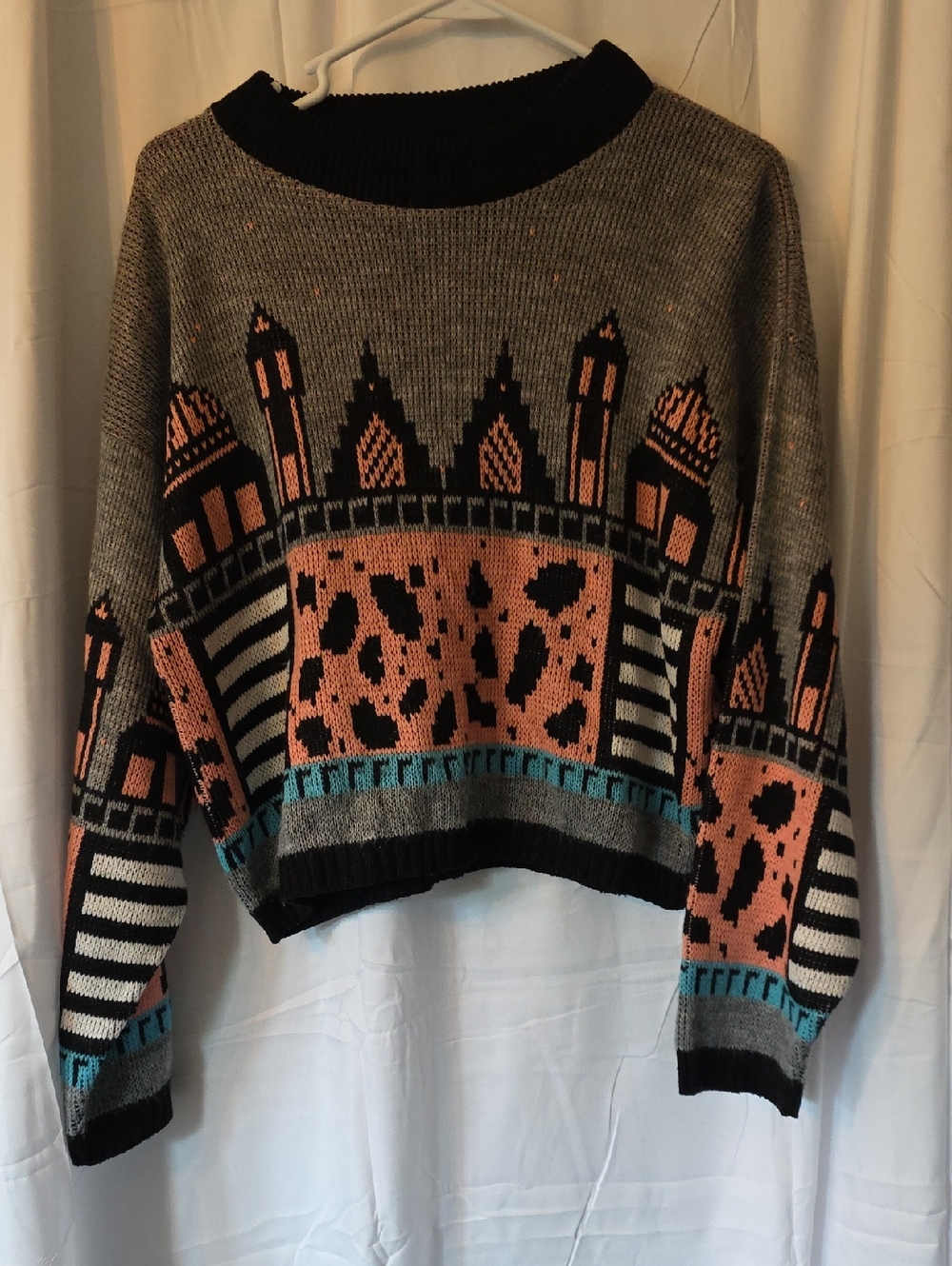 Women’s Gray Patterned Knit Sweater with Pink and Teal Accents